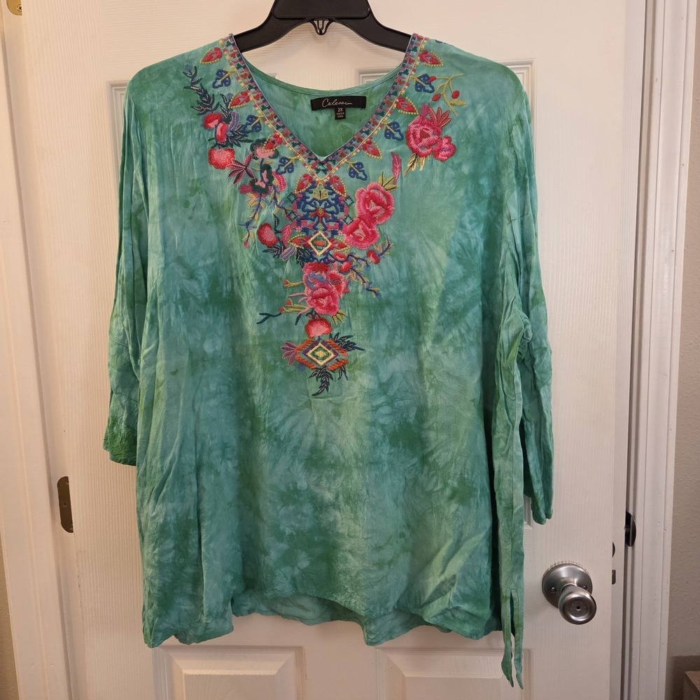 Calessa sz 2X floral embroidered tie dye tunic top boho peasant casual artsy